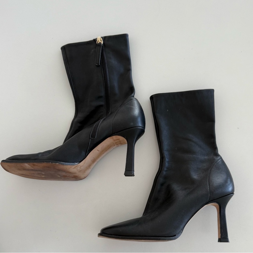 Zara Limited Edition Leather Heeled Square Toe Ankle Boots Size 39/9 - Picture 5 of 7